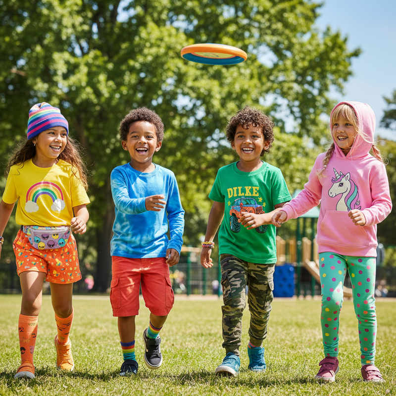 Four children playing with a frisbee in a park on a sunny day.