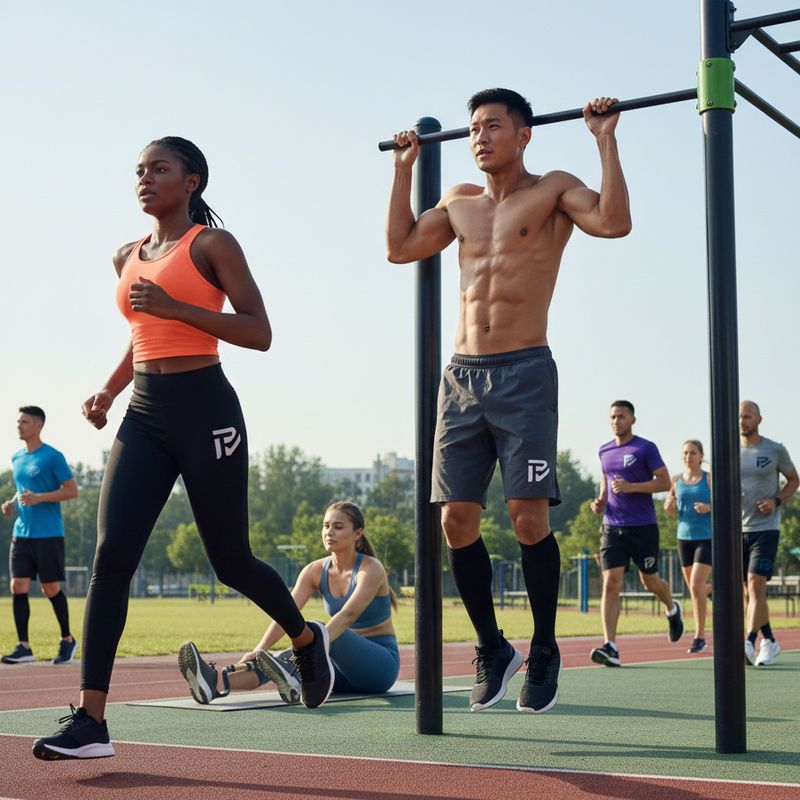People exercising outdoors on a sports field with a clear sky.